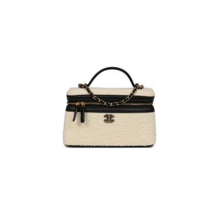 CHANEL MASTER COCO BEACH TOP HANDLE LONG VANITY CASE WITH CHAIN ECRU TWEED AND BLACK CALFSKIN GOLD HARDWARE (19*13*5cm)